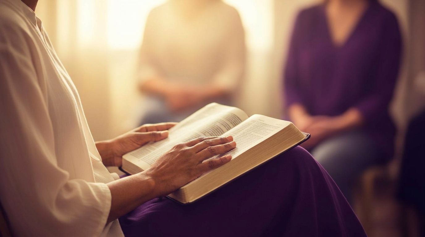 Christian women in a quiet, sacred therapy circle, one holding an open Bible